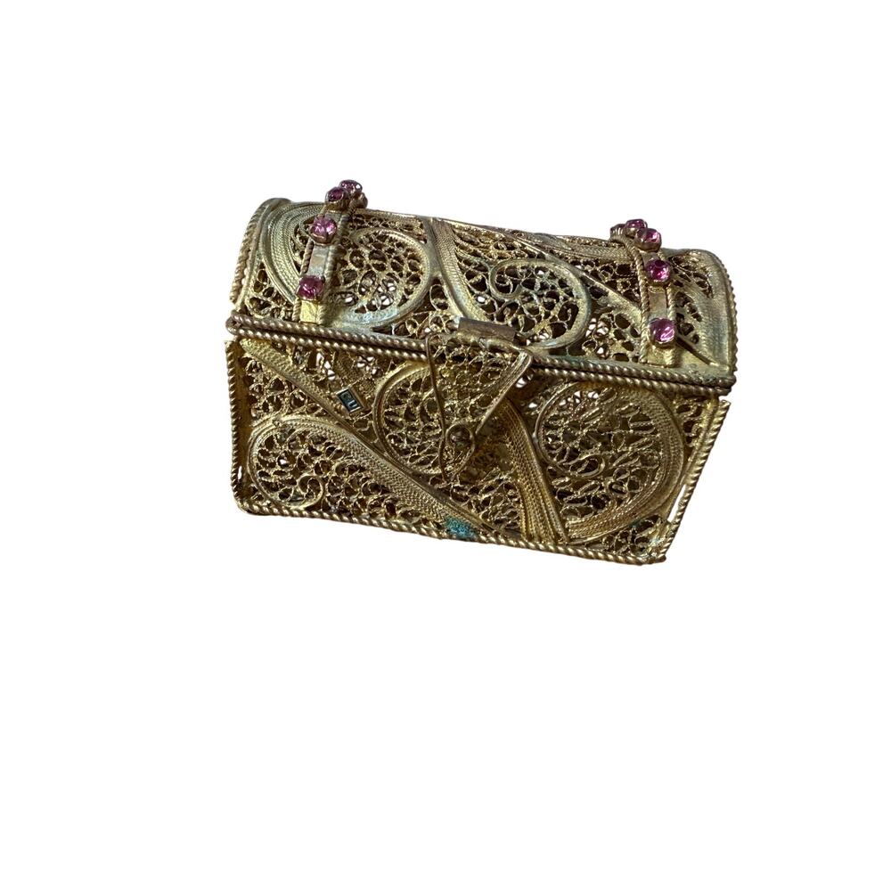 Vintage miniature filigree gold tone chest trunk collectible jewelry box
